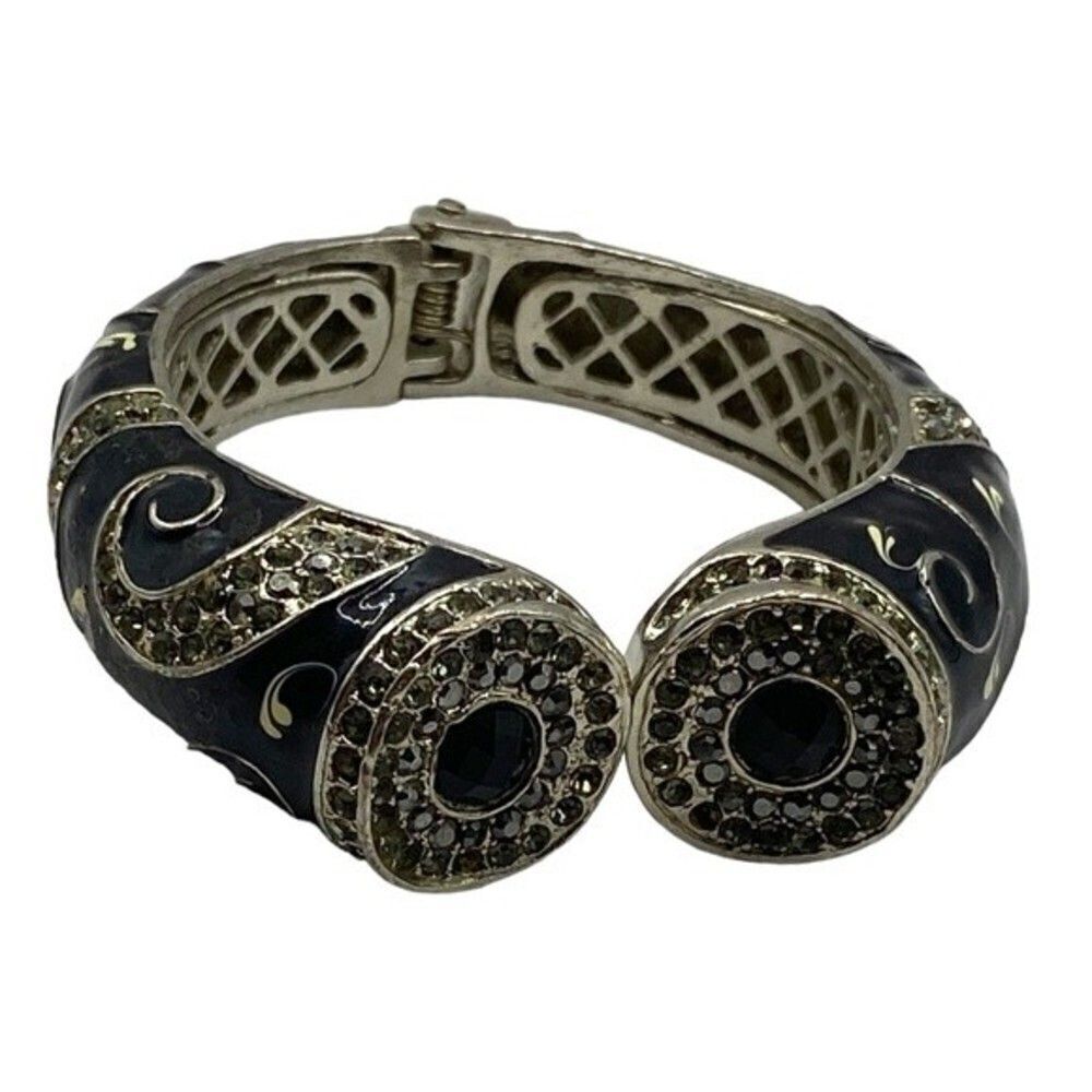 Vintage Runway Fashion Bangle Bracelet Black Rhinestones Silver Filigree